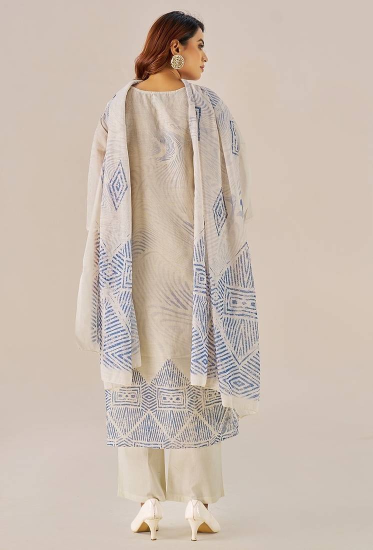 Cream linen printed hand embroidery kurta set with dupatta