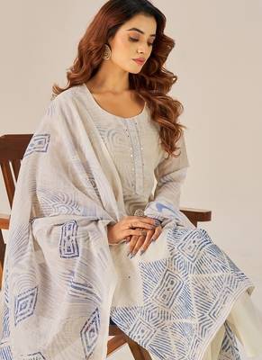 Cream linen printed hand embroidery kurta set with dupatta 5
