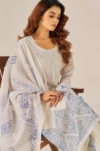 Cream linen printed hand embroidery kurta set with dupatta