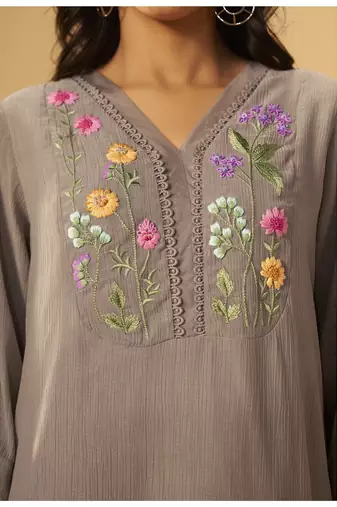 Purple chanderi printed hand embroidery kurta set for women