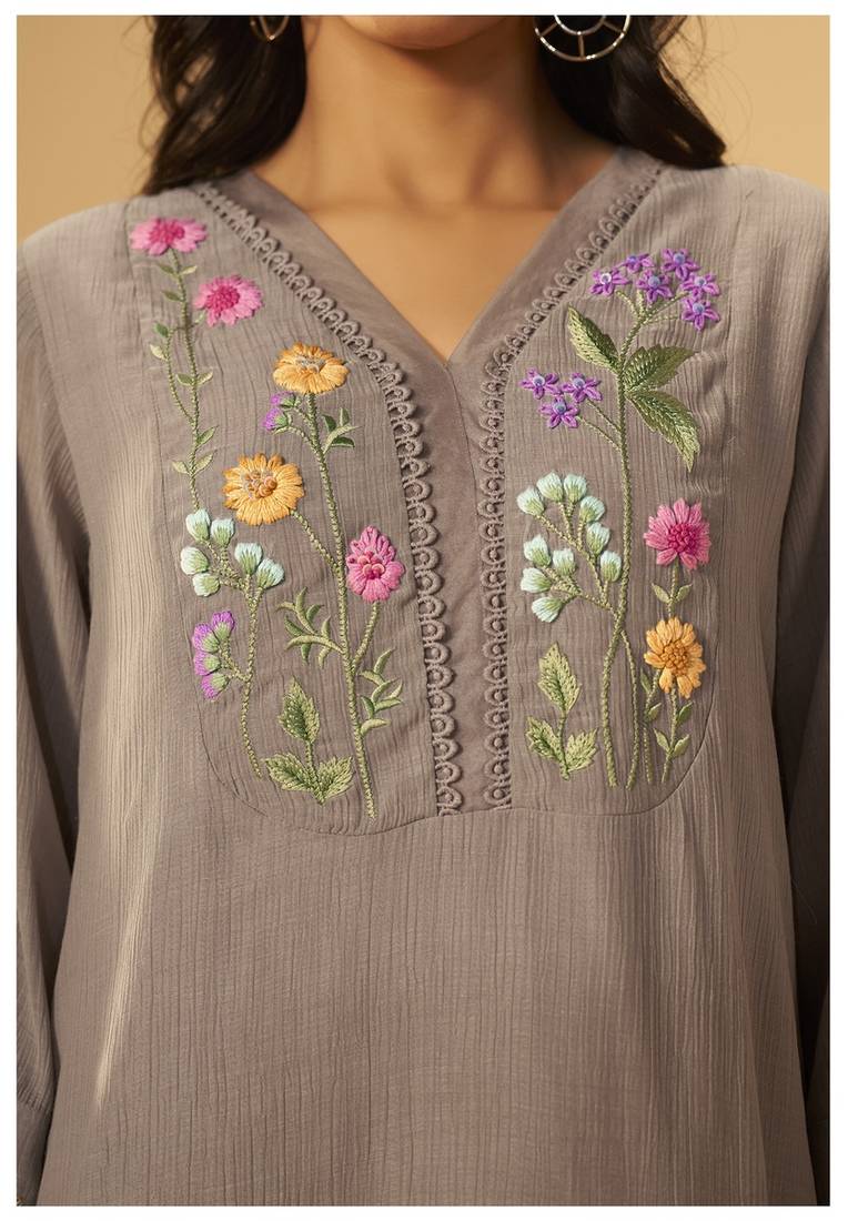 Purple chanderi printed hand embroidery kurta set for women