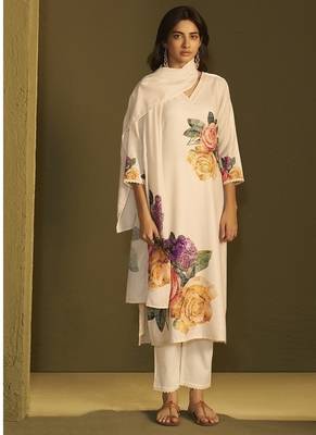 Cream linen printed hand embroidery kurta set with dupatta 1
