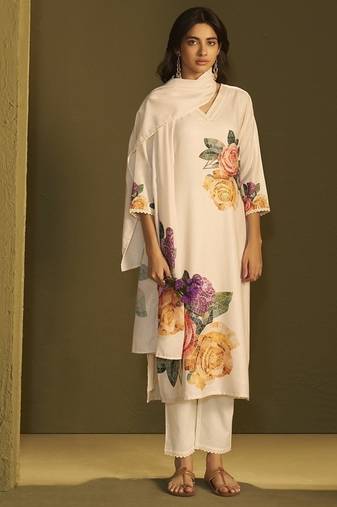 Cream linen printed hand embroidery kurta set with dupatta