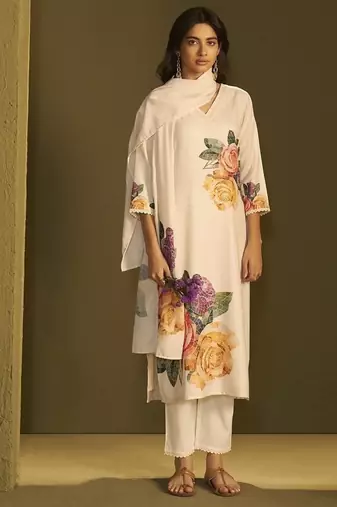 Cream linen printed hand embroidery kurta set with dupatta