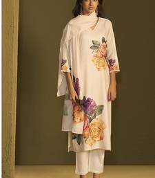Cream linen printed hand embroidery kurta set with dupatta
