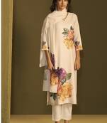 Cream linen printed hand embroidery kurta set with dupatta