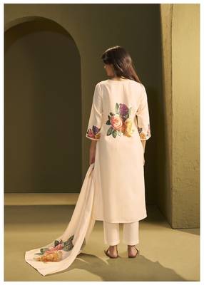 Cream linen printed hand embroidery kurta set with dupatta 2