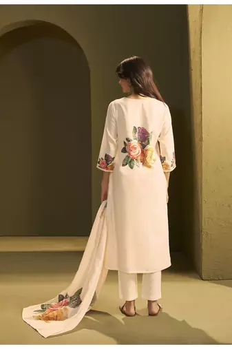 Cream linen printed hand embroidery kurta set with dupatta