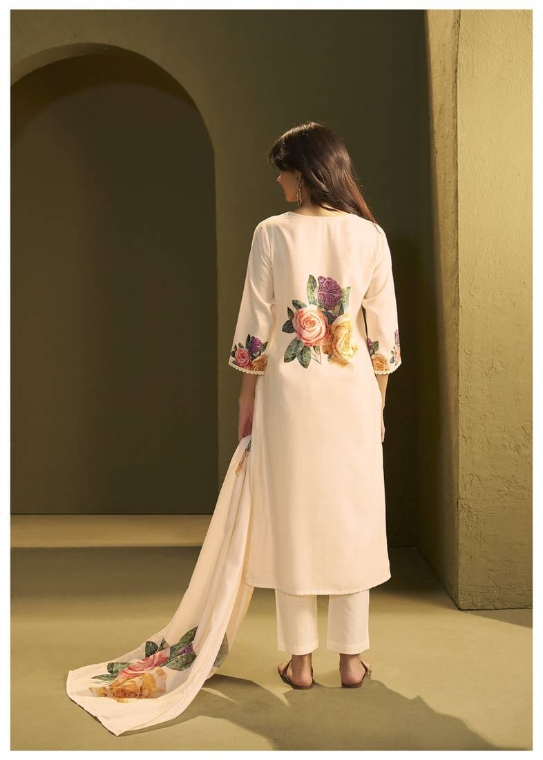 Cream linen printed hand embroidery kurta set with dupatta
