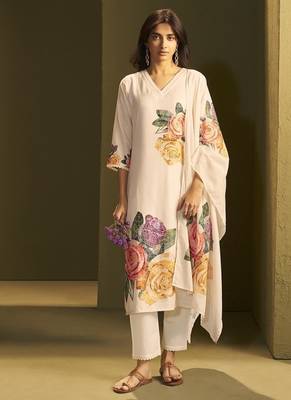 Cream linen printed hand embroidery kurta set with dupatta 3