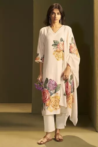 Cream linen printed hand embroidery kurta set with dupatta