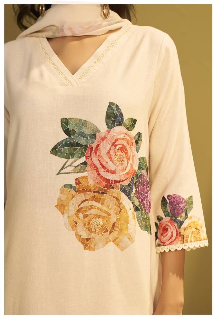 Cream linen printed hand embroidery kurta set with dupatta