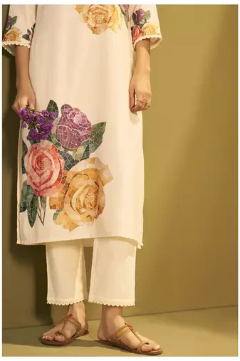 Cream linen printed hand embroidery kurta set with dupatta