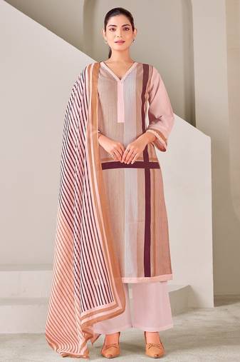 Brown cotton printed hand embroidery kurta set with dupatta