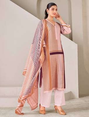 Brown cotton printed hand embroidery kurta set with dupatta 2