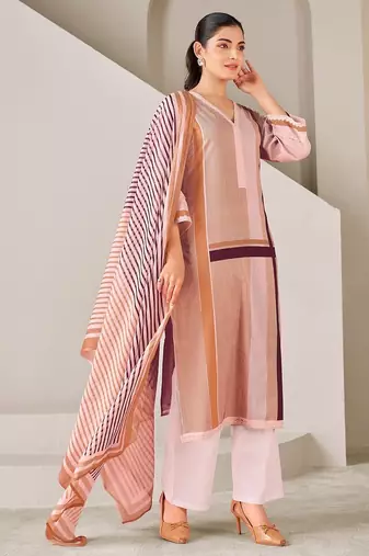 Brown cotton printed hand embroidery kurta set with dupatta