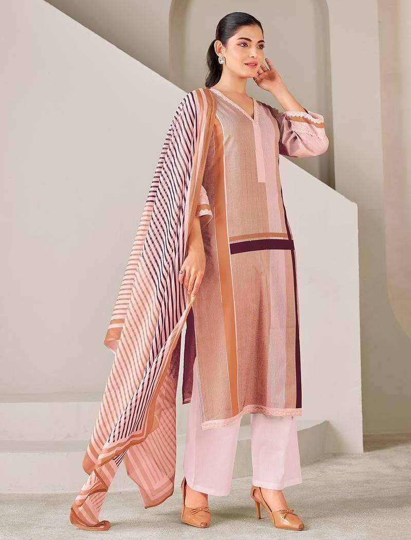 Brown cotton printed hand embroidery kurta set with dupatta