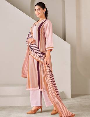 Brown cotton printed hand embroidery kurta set with dupatta 3