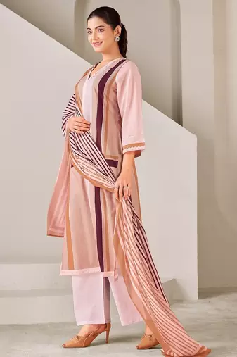 Brown cotton printed hand embroidery kurta set with dupatta