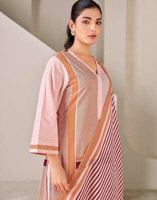 Brown cotton printed hand embroidery kurta set with dupatta 5