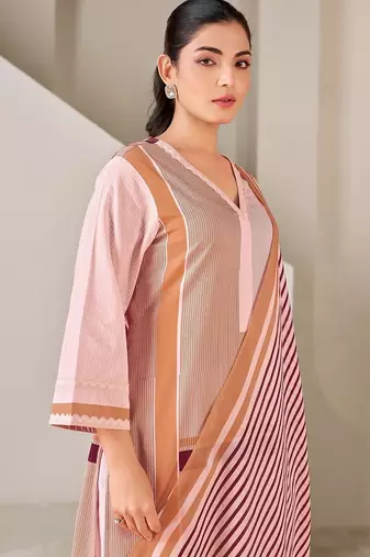 Brown cotton printed hand embroidery kurta set with dupatta