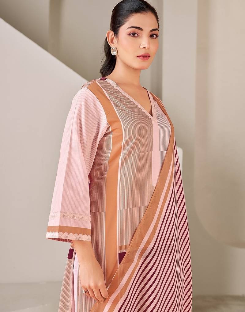 Brown cotton printed hand embroidery kurta set with dupatta