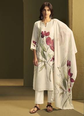 Cream linen printed hand embroidery kurta set with dupatta 1