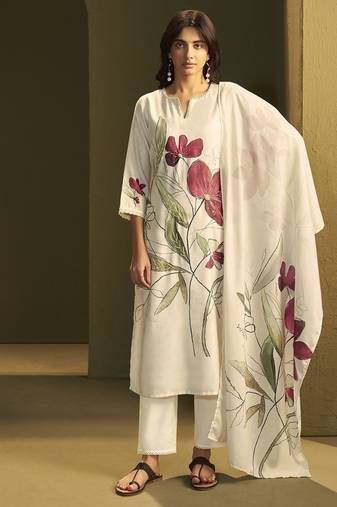Cream linen printed hand embroidery kurta set with dupatta