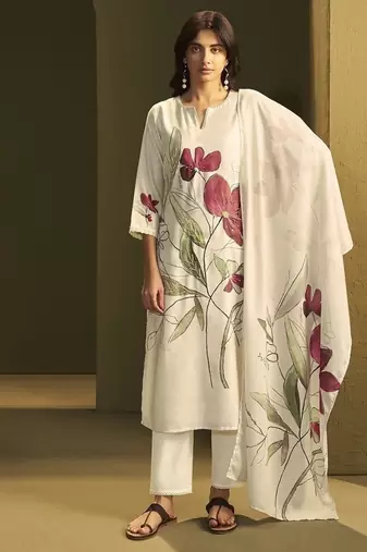 Cream linen printed hand embroidery kurta set with dupatta