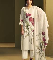 Cream linen printed hand embroidery kurta set with dupatta