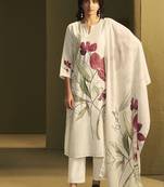 Cream linen printed hand embroidery kurta set with dupatta