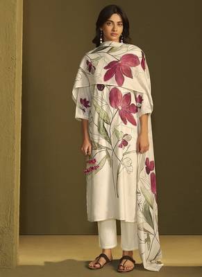 Cream linen printed hand embroidery kurta set with dupatta 2