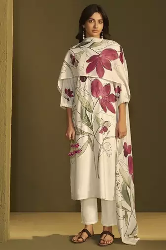 Cream linen printed hand embroidery kurta set with dupatta