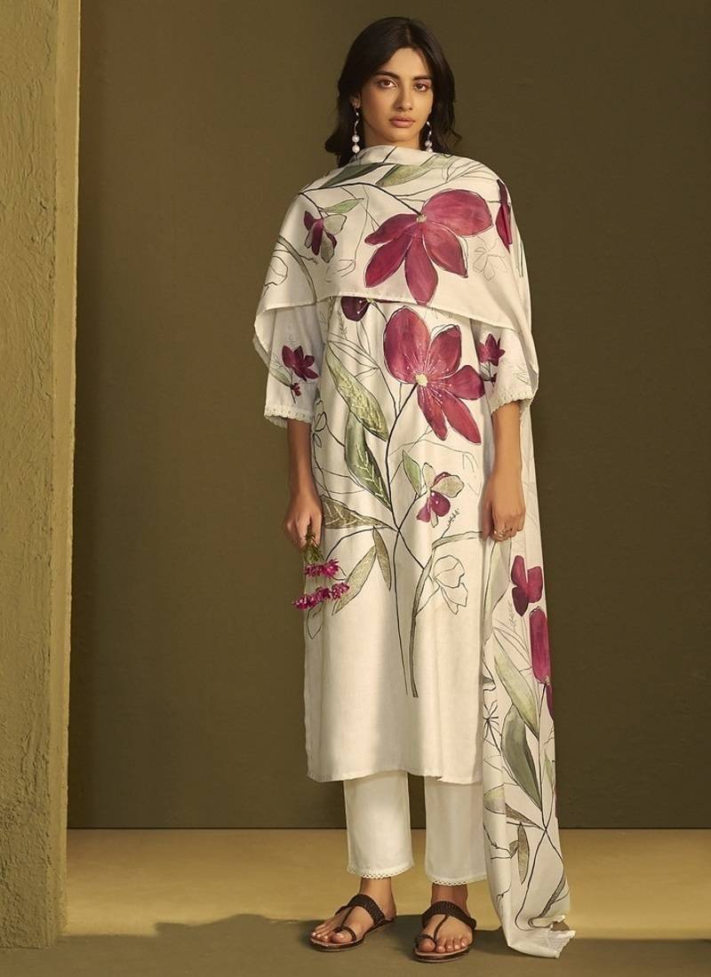 Cream linen printed hand embroidery kurta set with dupatta