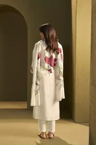 Cream linen printed hand embroidery kurta set with dupatta