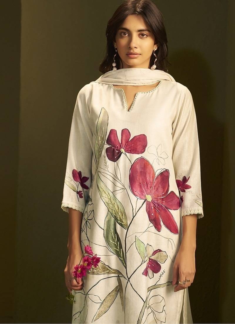 Cream linen printed hand embroidery kurta set with dupatta