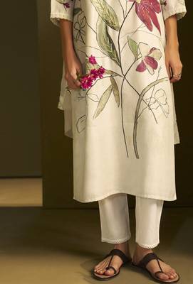 Cream linen printed hand embroidery kurta set with dupatta 5