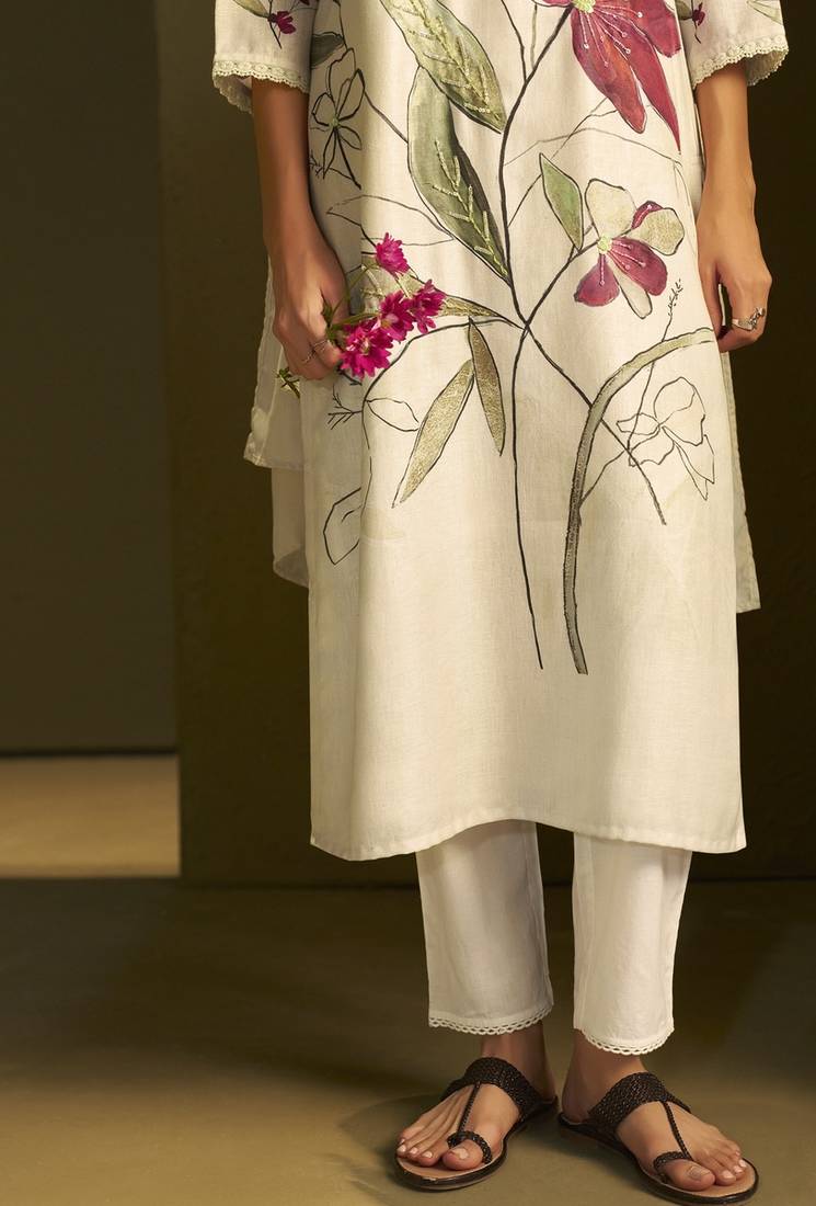 Cream linen printed hand embroidery kurta set with dupatta