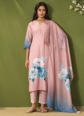 Pink linen printed hand embroidery kurta set with dupatta 1