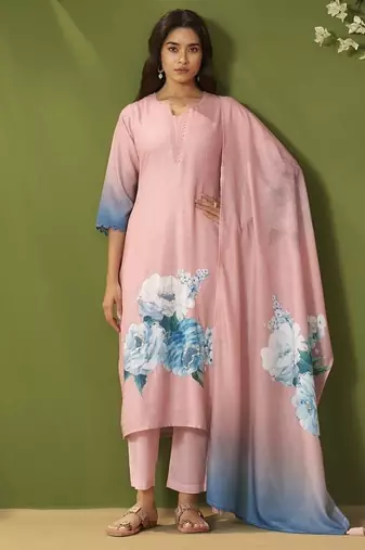Pink linen printed hand embroidery kurta set with dupatta