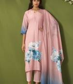 Pink linen printed hand embroidery kurta set with dupatta
