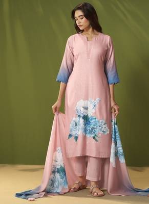 Pink linen printed hand embroidery kurta set with dupatta 2