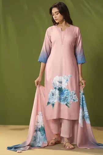 Pink linen printed hand embroidery kurta set with dupatta