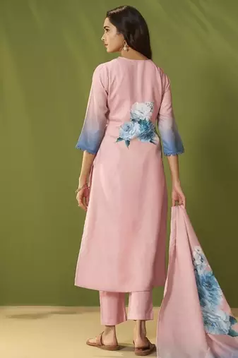 Pink linen printed hand embroidery kurta set with dupatta