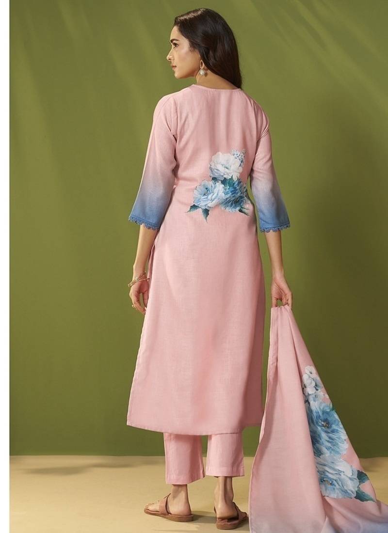 Pink linen printed hand embroidery kurta set with dupatta