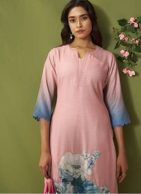 Pink linen printed hand embroidery kurta set with dupatta 4
