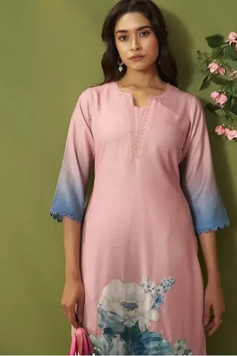 Pink linen printed hand embroidery kurta set with dupatta