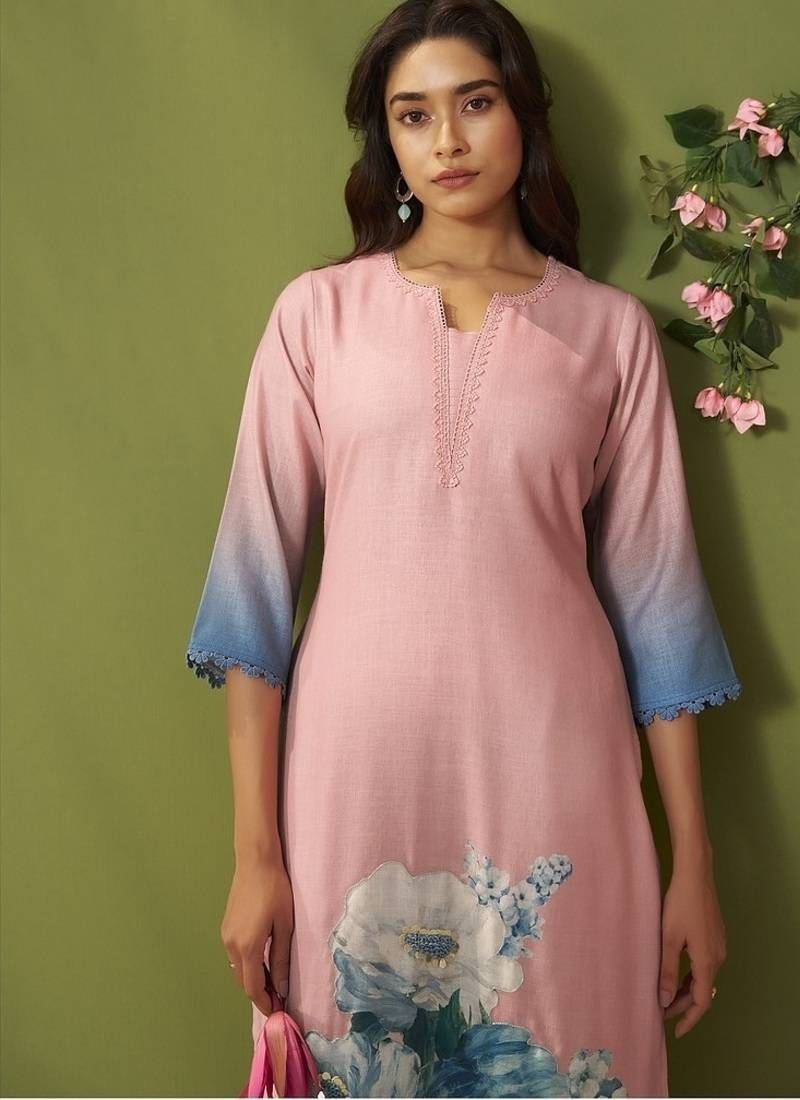 Pink linen printed hand embroidery kurta set with dupatta