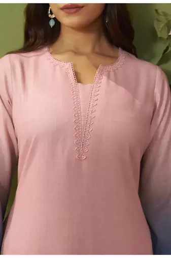 Pink linen printed hand embroidery kurta set with dupatta