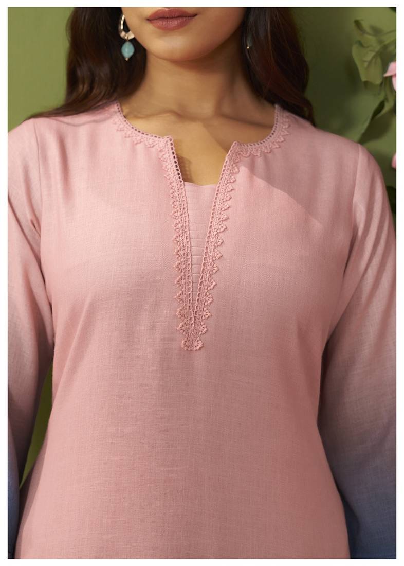 Pink linen printed hand embroidery kurta set with dupatta